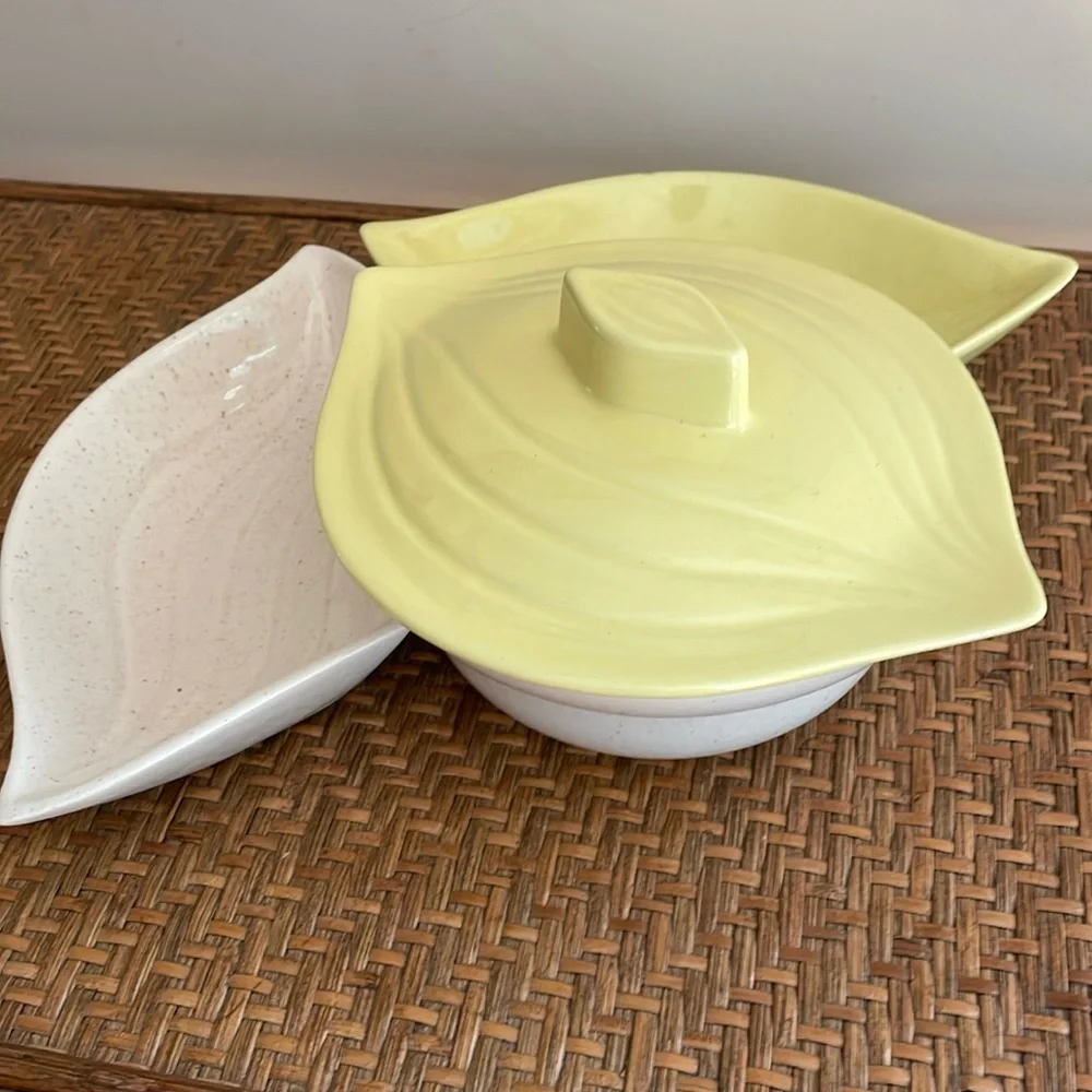 Vintage California Pottery Yellow Cream Lazy Susan Snack Or Chip & Dip
